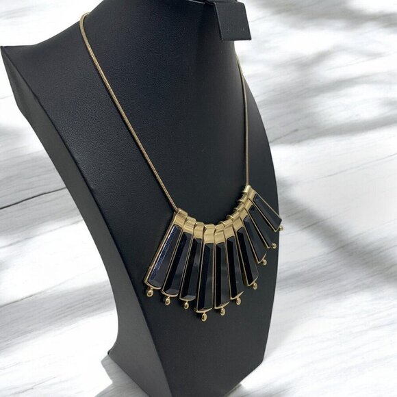 Vintage Bib Necklace With Black & Gold Fan Pendant Gold Tone Snake Chain 18"L+3" - Picture 2 of 5